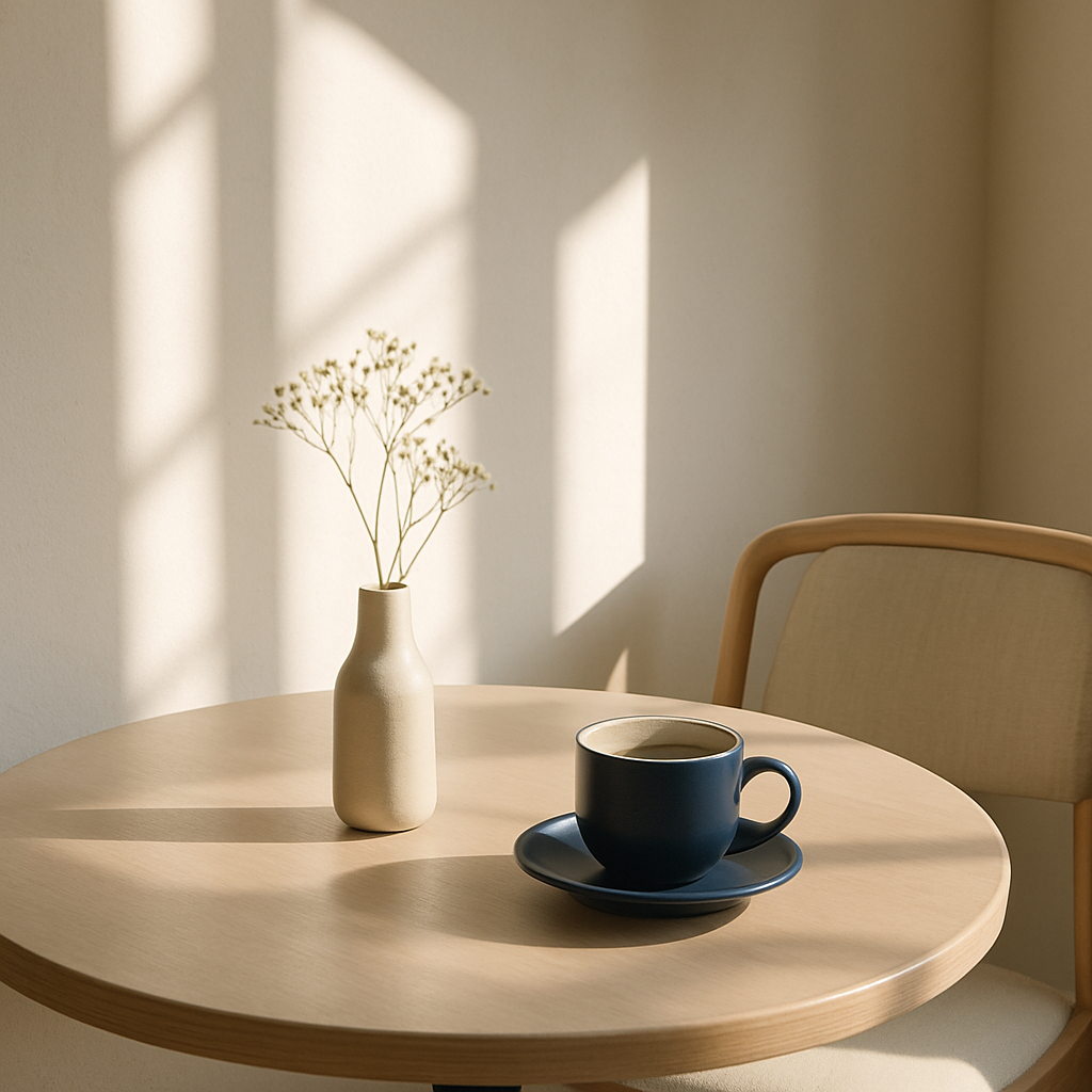 Morning light streaming across a cafe table