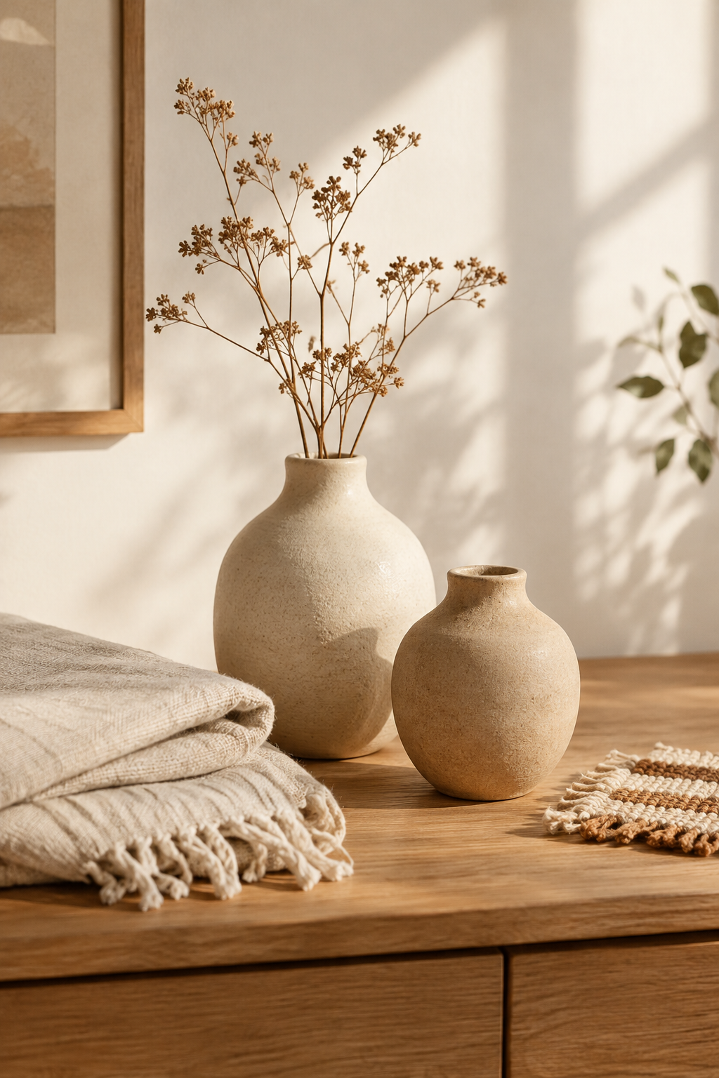 Warm editorial vignette with handmade ceramic vases, textured linen textiles, and artisan decor arranged on a wooden surface in natural window light