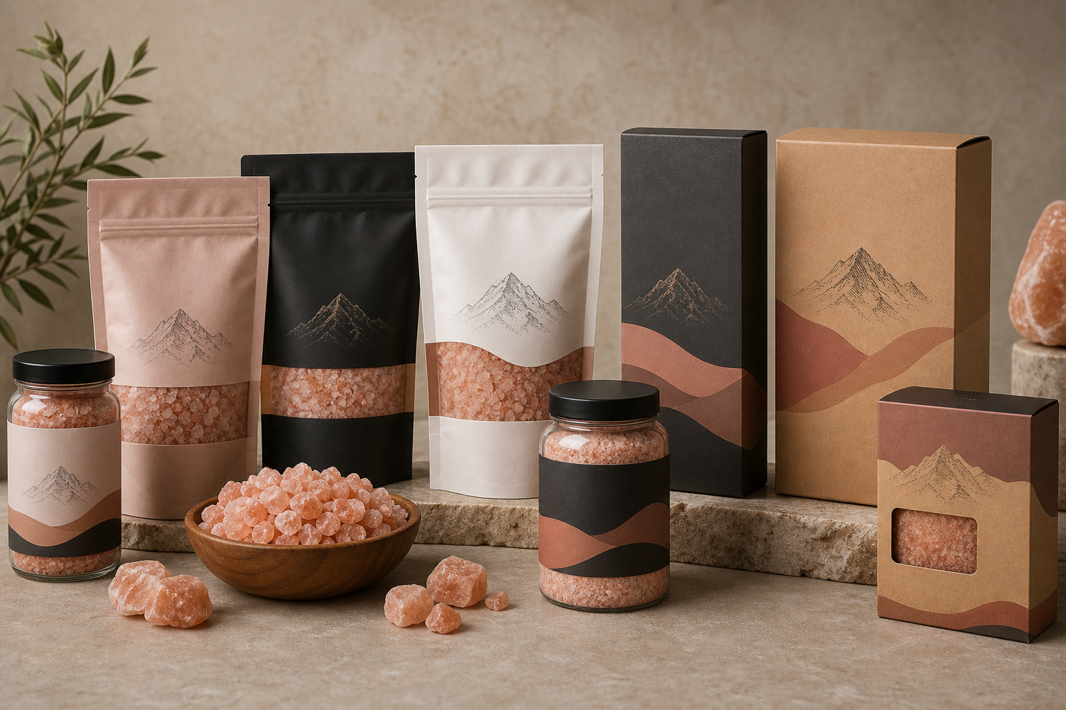 Premium private-label Himalayan pink salt packaging mockup with stand-up pouches, cartons, and branded labels arranged on a neutral studio surface