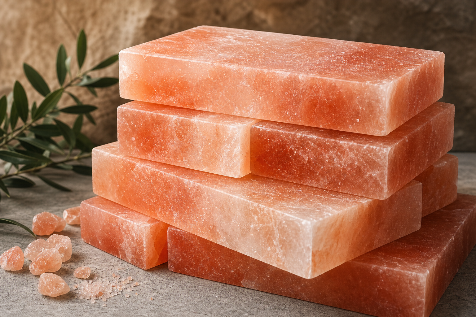 Stacked Himalayan pink salt sauna bricks with crystalline texture in a premium export presentation