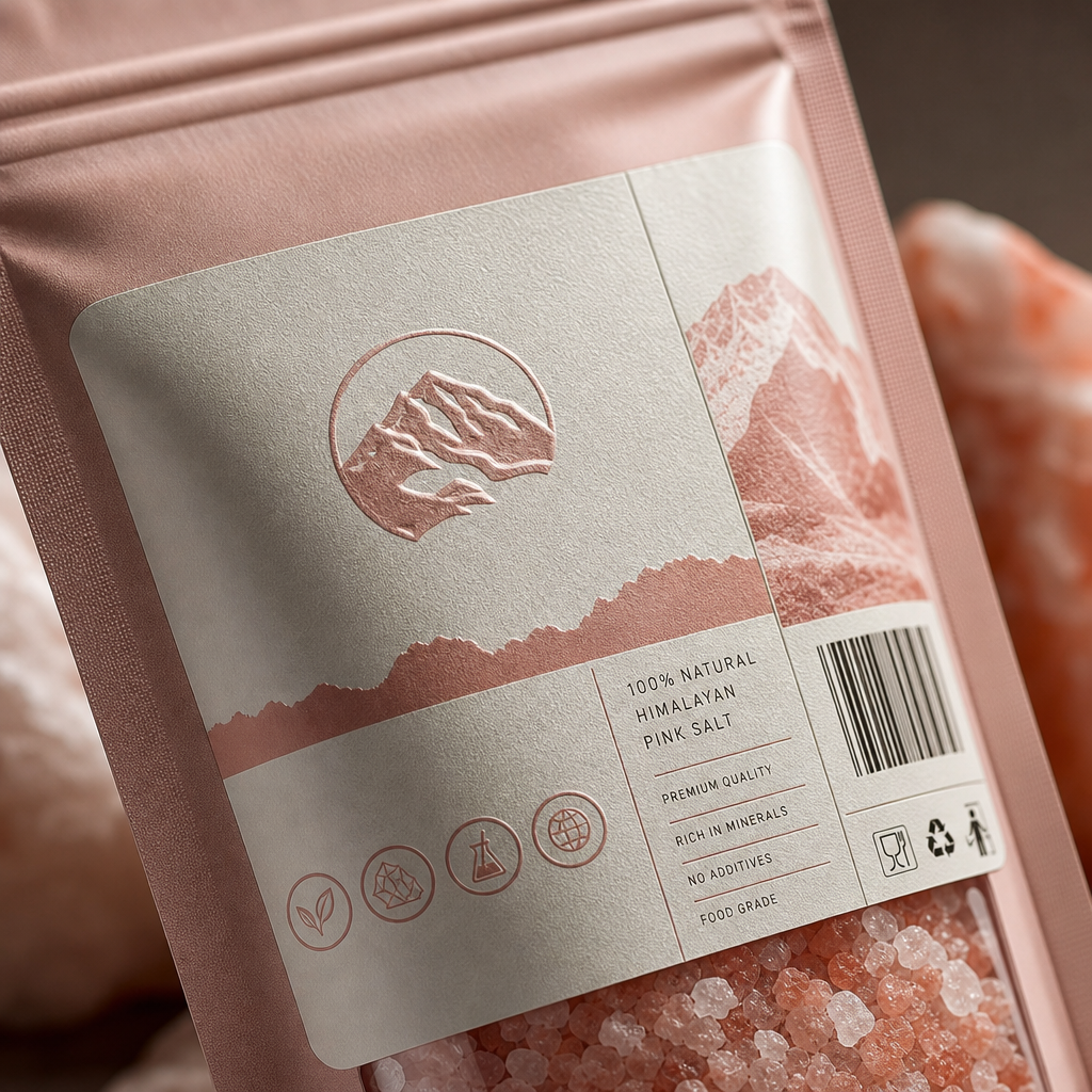 Close-up packaging detail showing embossed mineral-inspired label texture, barcode area, and export compliance print on matte pouch material