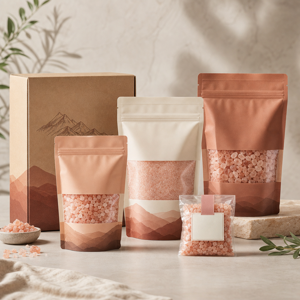 Premium private-label Himalayan pink salt packaging mockups including pouches and cartons for export buyers