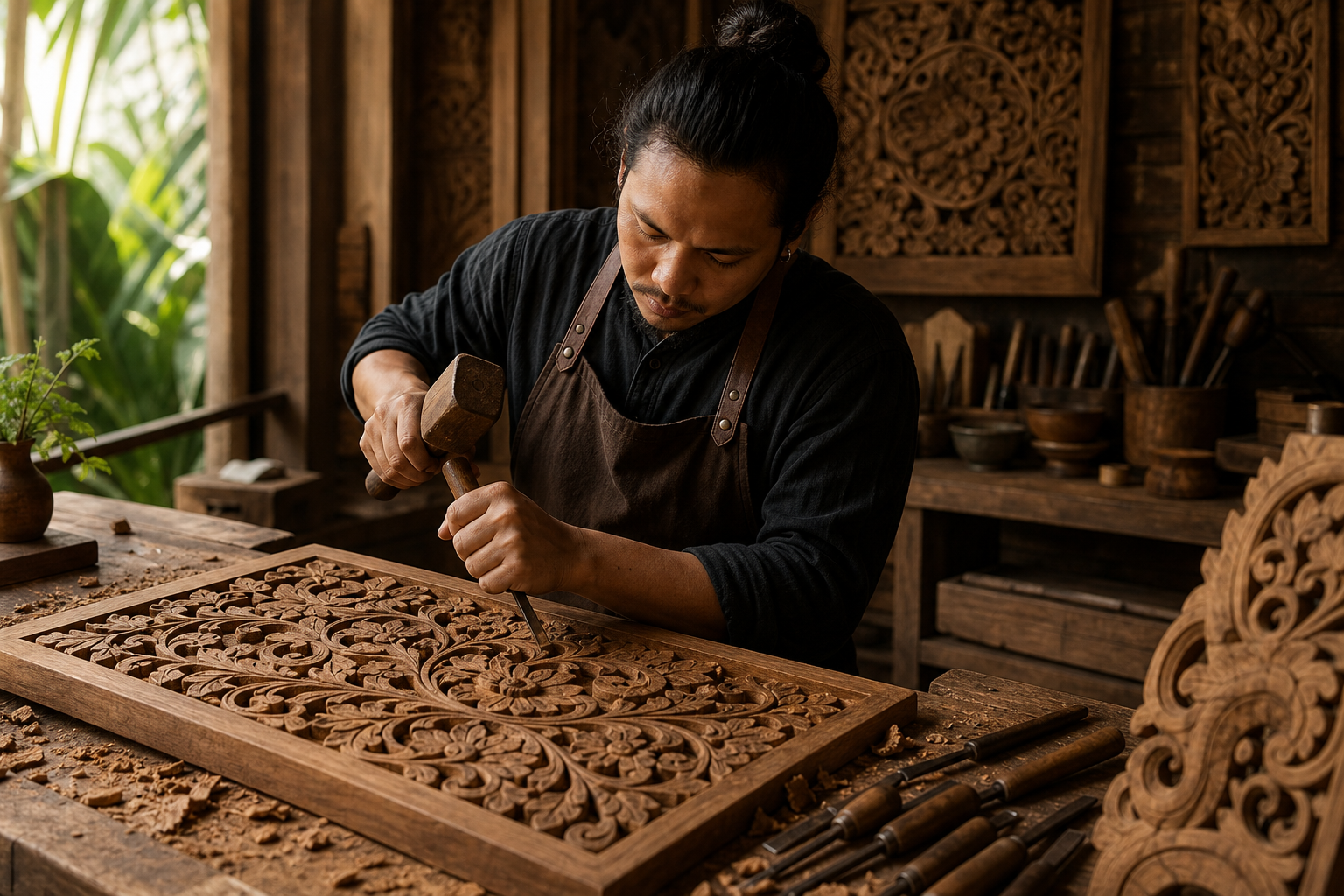 Craftsperson carving a detailed wooden panel by hand in a warm studio
