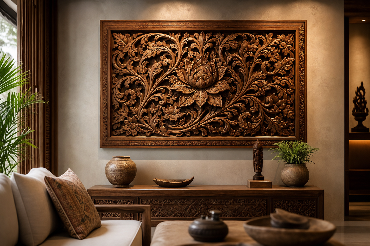 Finished carved wall panel displayed in an elegant interior setting
