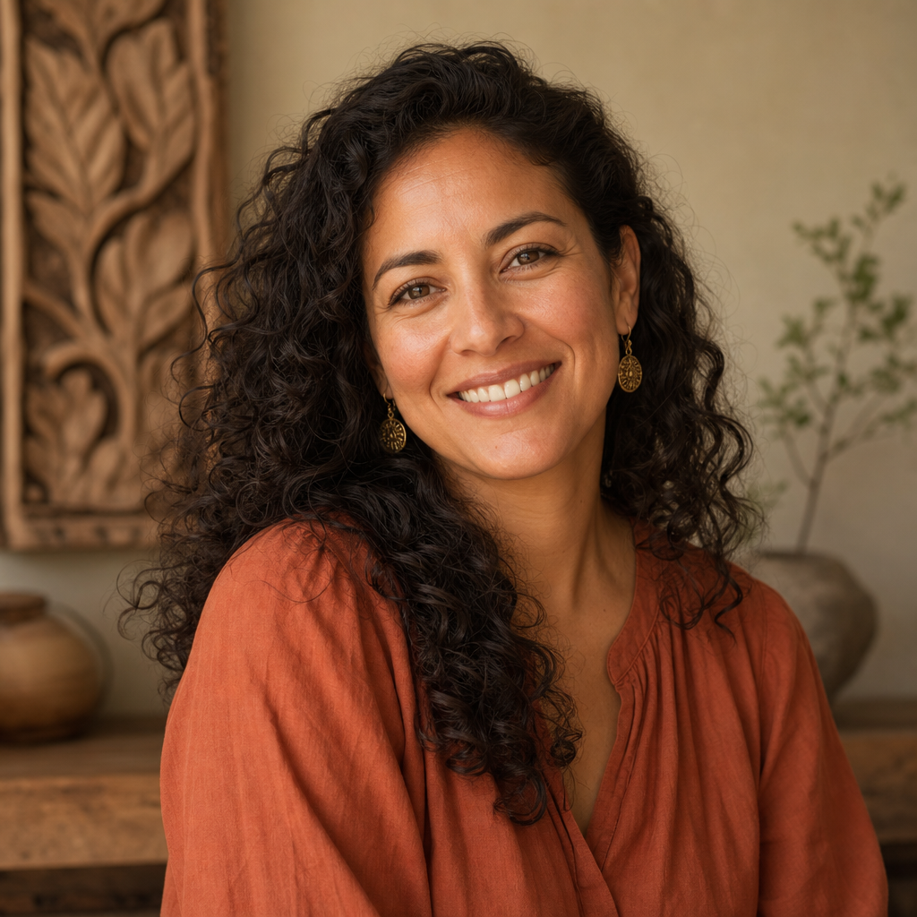 Portrait of Maya, a gift buyer with curly hair from Mexico City