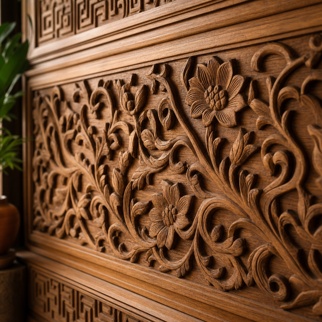 Close-up of a warm-toned, intricately hand-carved wooden wall panel with floral and geometric motifs