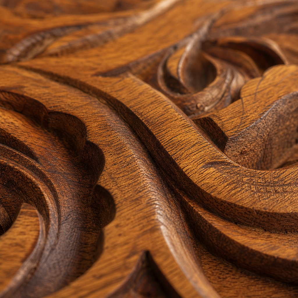 Close-up of rich wood grain texture with visible hand-carved grooves