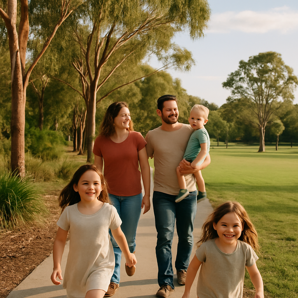 Family walking through a shaded park path with eucalyptus trees
