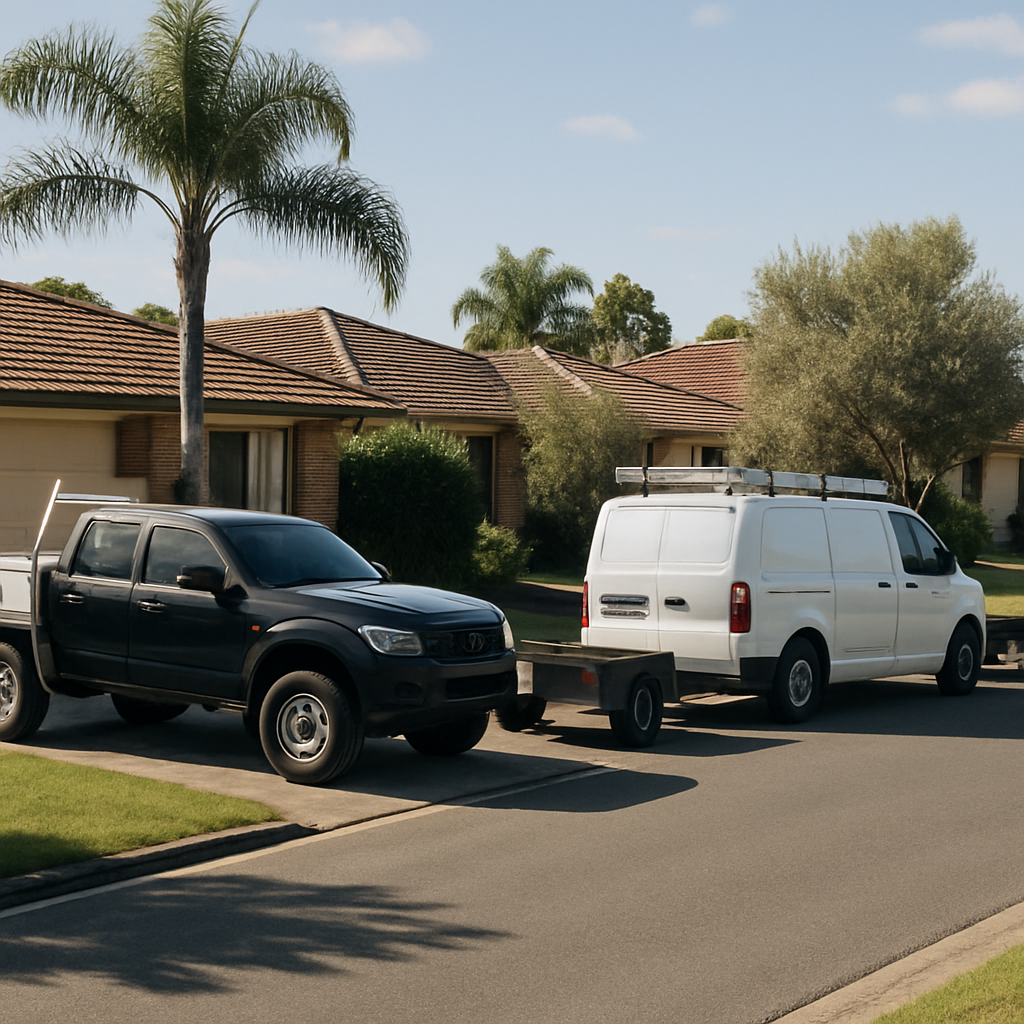 Tree-lined Pacific Pines neighborhood street with small local shops