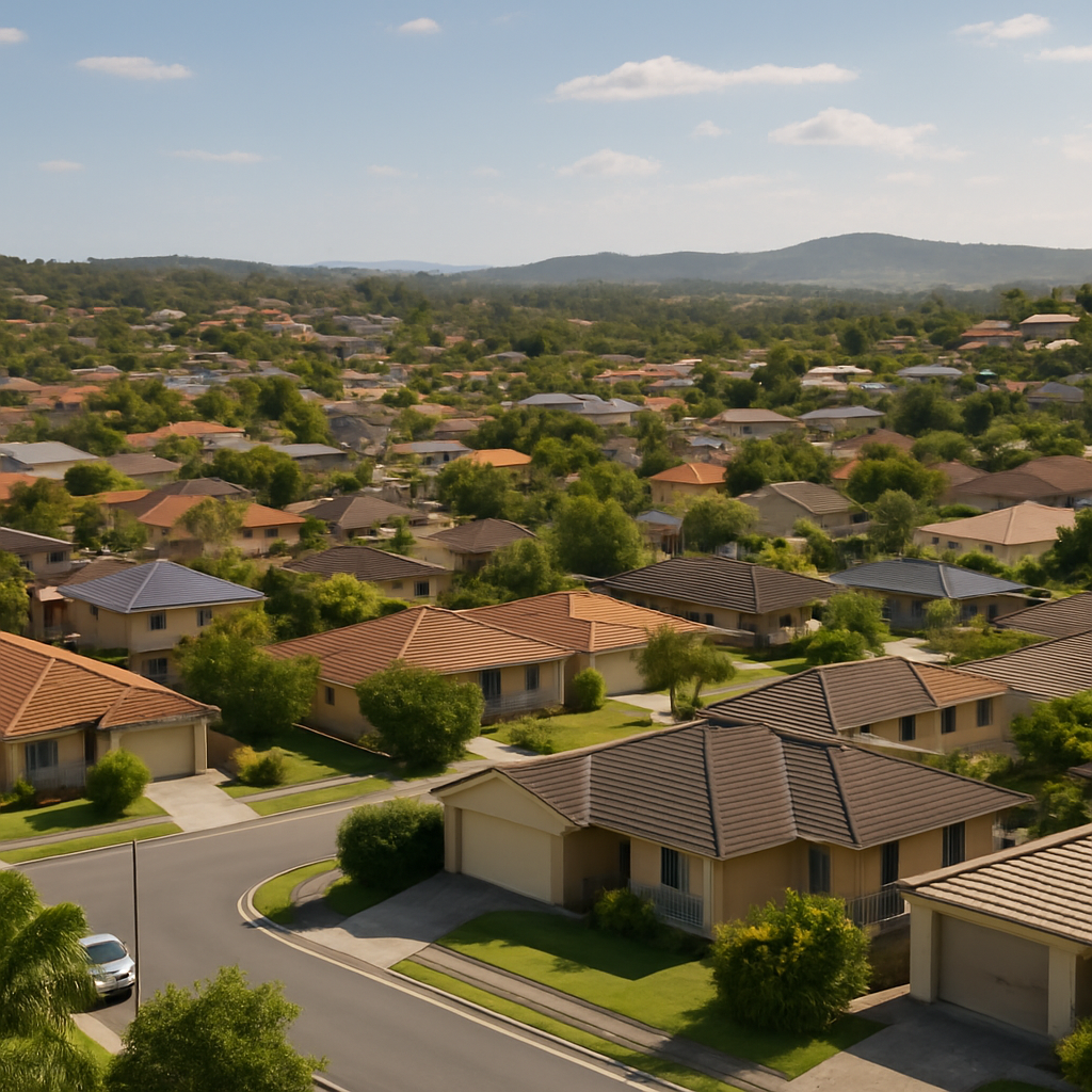 Elevated view over Pacific Pines with tree-lined streets and distant Gold Coast skyline