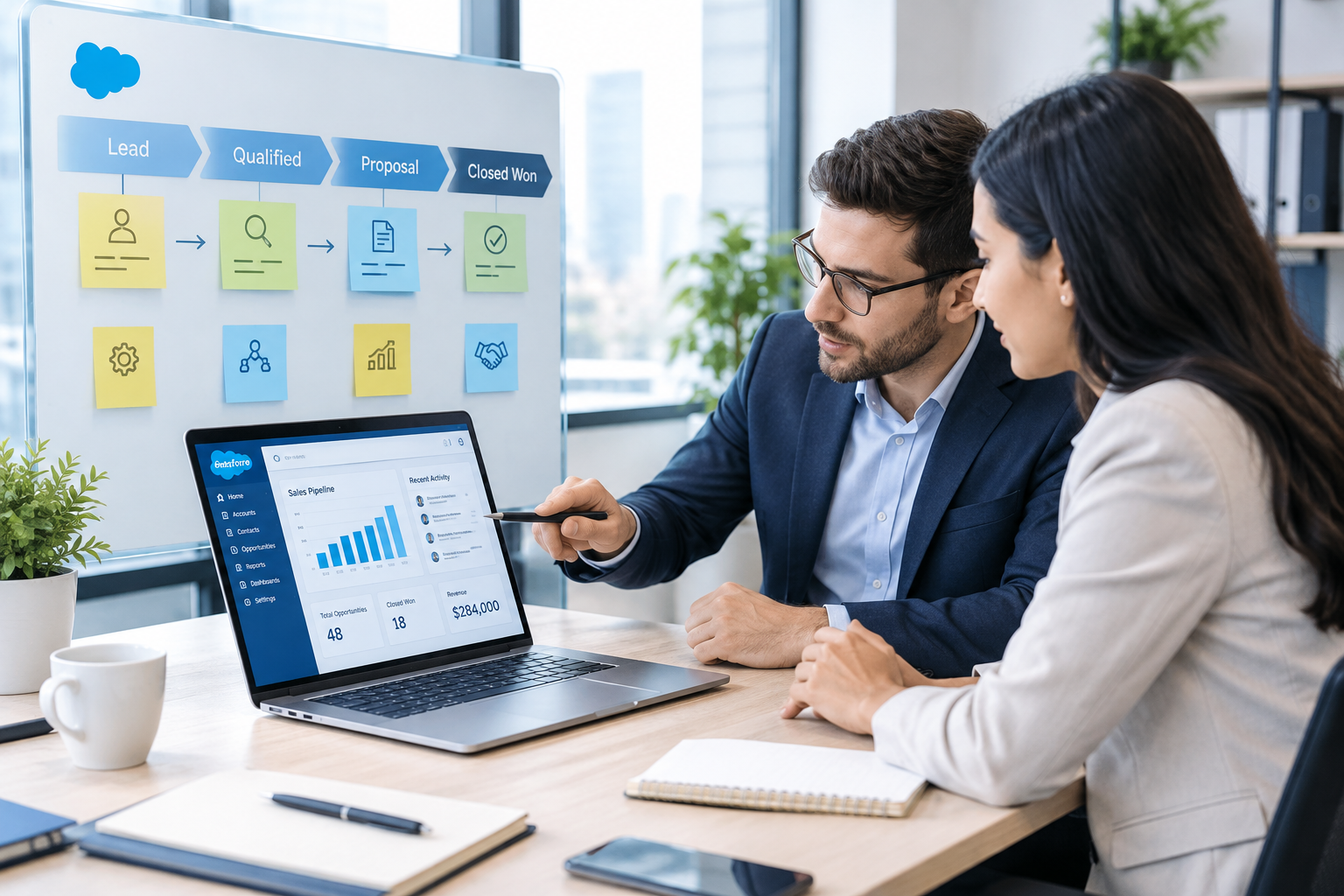 Consultants reviewing a Salesforce workflow board with dashboard charts in a modern office