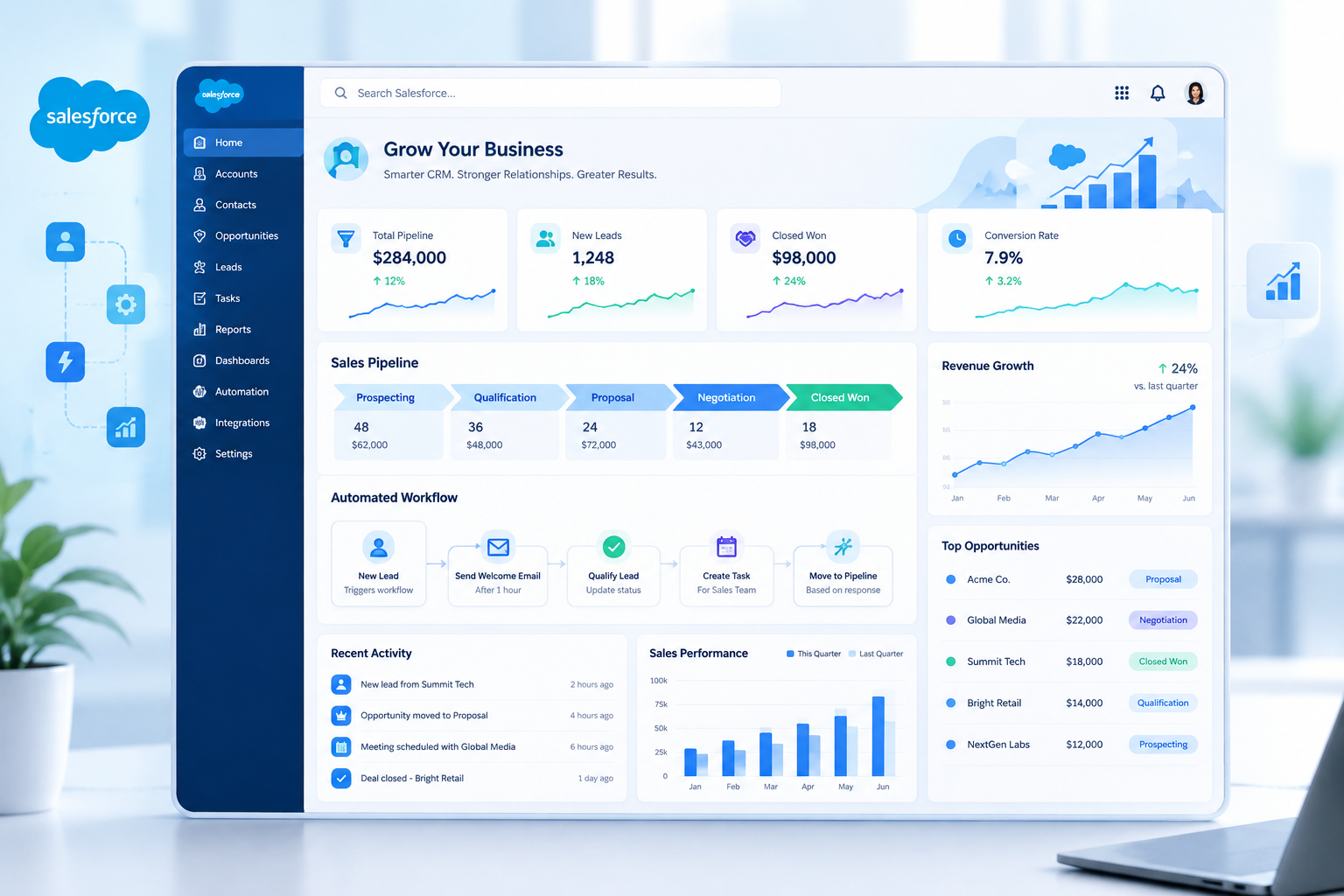 Modern Salesforce workflow dashboard mockup with connected pipeline stages, automation paths, and growth trend panels in a polished business interface
