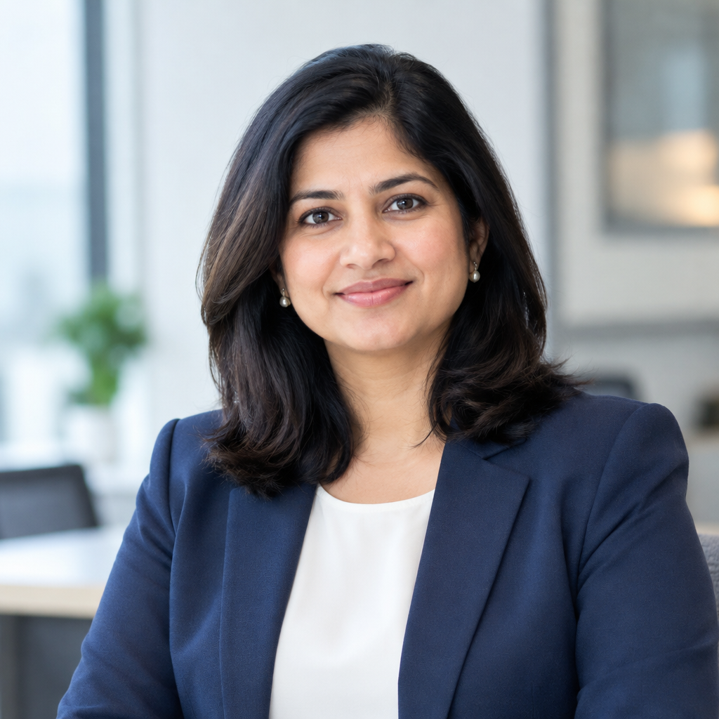 Amina Shah, Salesforce Strategy Lead, in a professional studio portrait wearing a navy blazer with a neutral office-style background