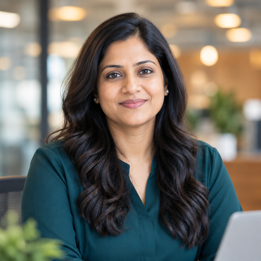Priya Nair, Automation and Insights Consultant, in a professional portrait with a dark teal blouse and softly lit workspace background
