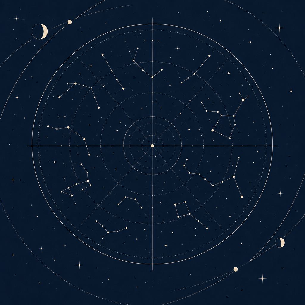 Abstract celestial star-map diagram with constellation lines, orbital arcs, and plotted stars on a deep-space style field