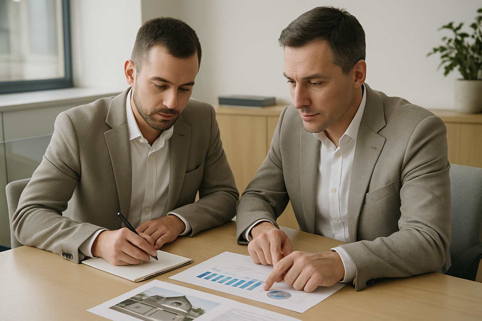 Natural-light portrait of two professional advisors reviewing property and financial documents at a modern office table