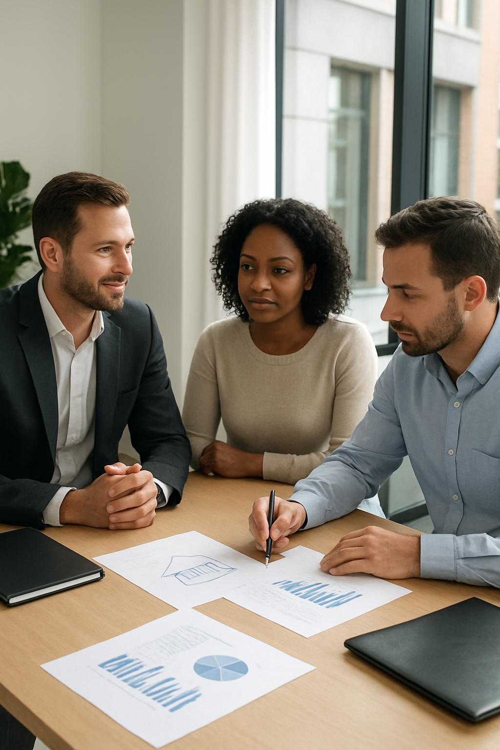 Professional advisor meeting with a couple and a business owner at a modern office table with property documents and financial charts, representing integrated real estate and financial guidance