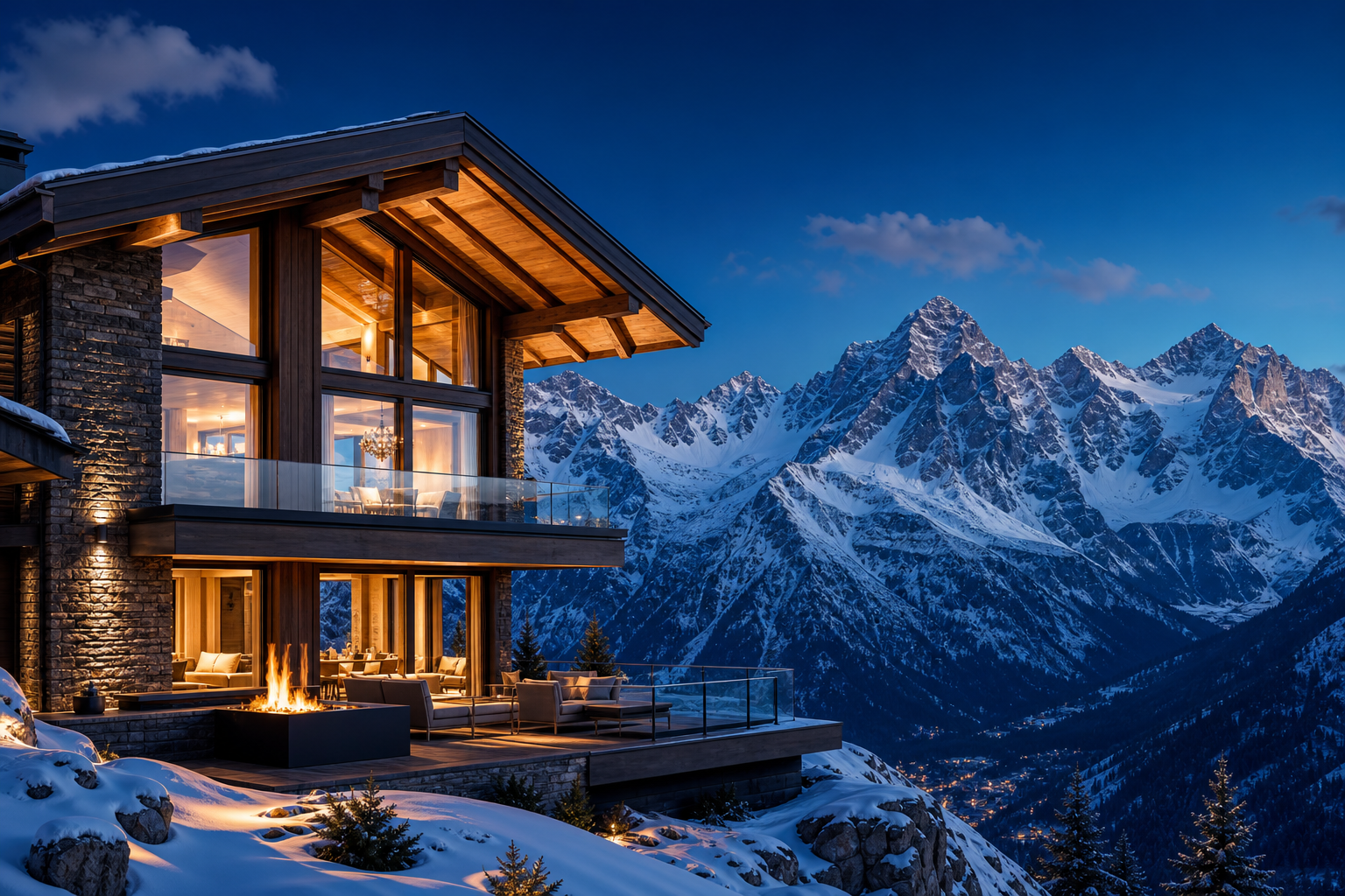Modern alpine chalet with warm lights facing snowcapped peaks and a clear evening sky