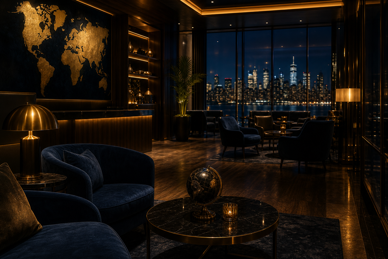 A dimly lit luxury travel lounge with deep blue velvet seating, warm gold accents, and soft ambient lighting overlooking a night skyline