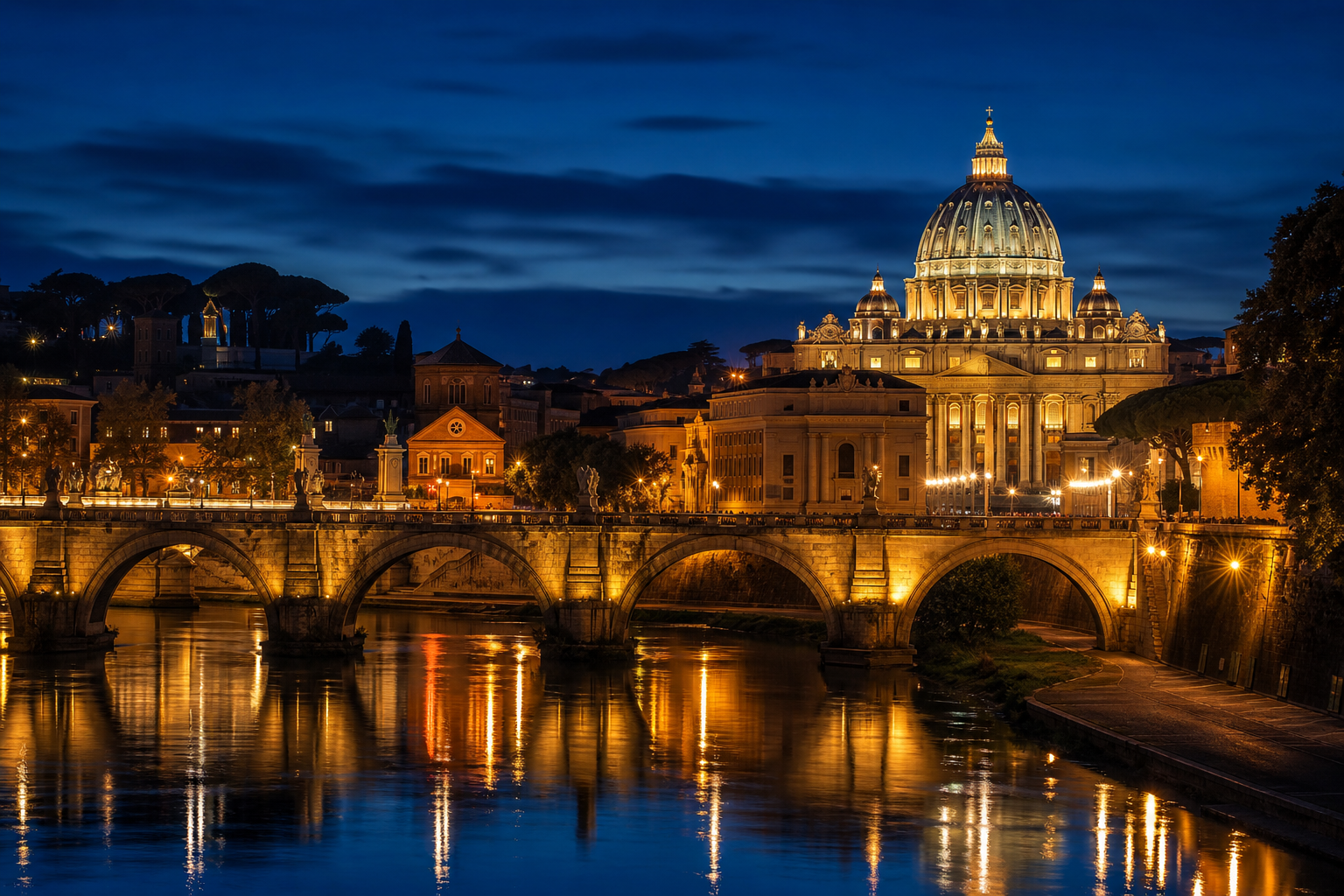Elegant European capital skyline at night with glowing domes and river reflections