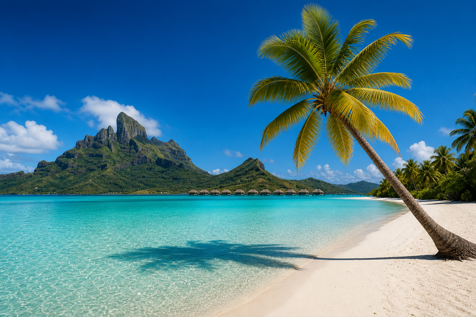 Sunlit island lagoon with turquoise water, white sand, and a single palm leaning over the shore