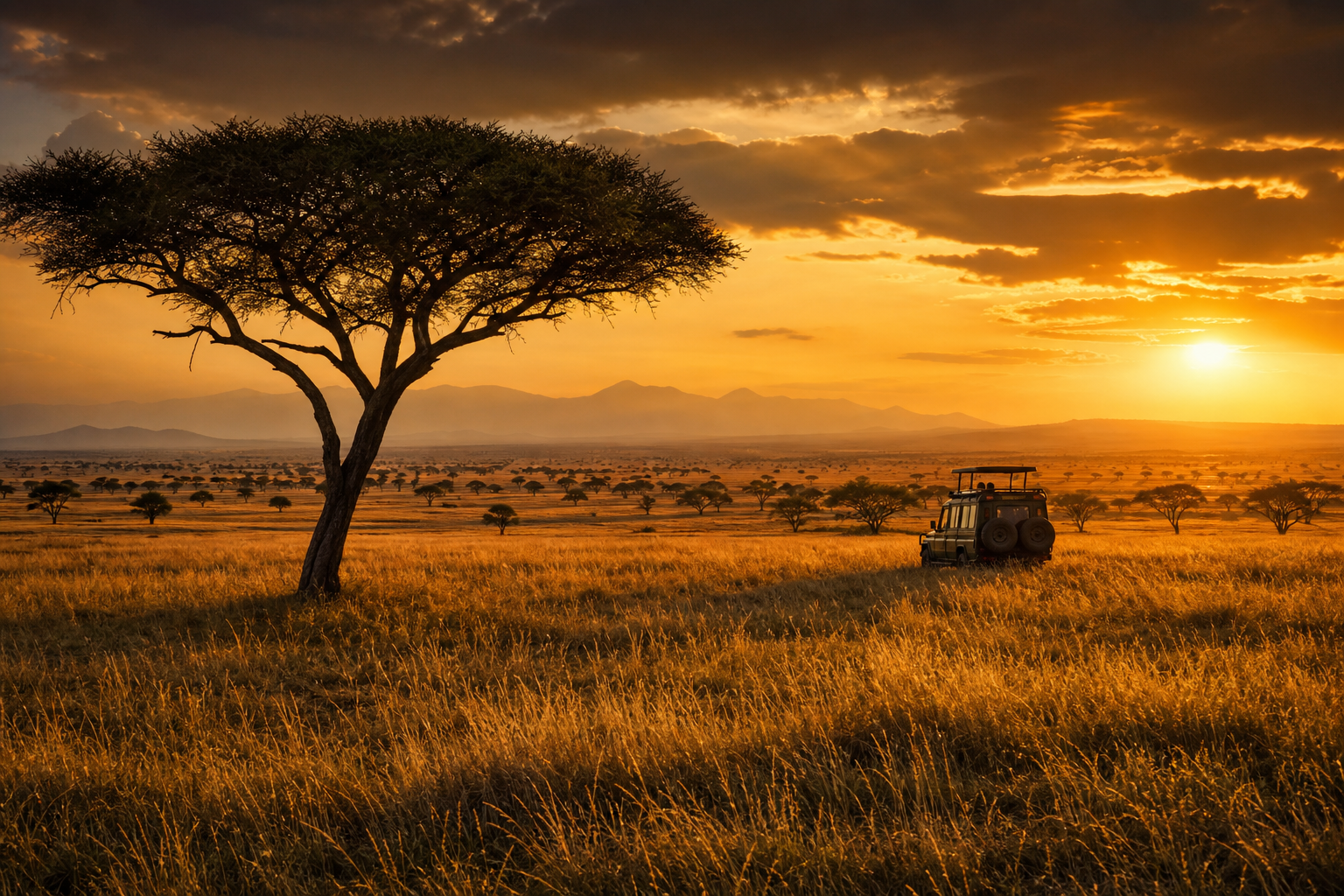 Golden savannah at dusk with acacia trees and a safari vehicle in the distance