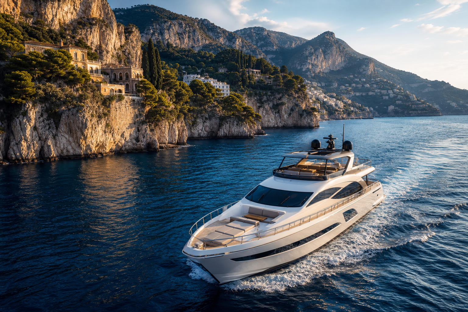 Luxury yacht cruising along a rugged Mediterranean coastline with deep blue water