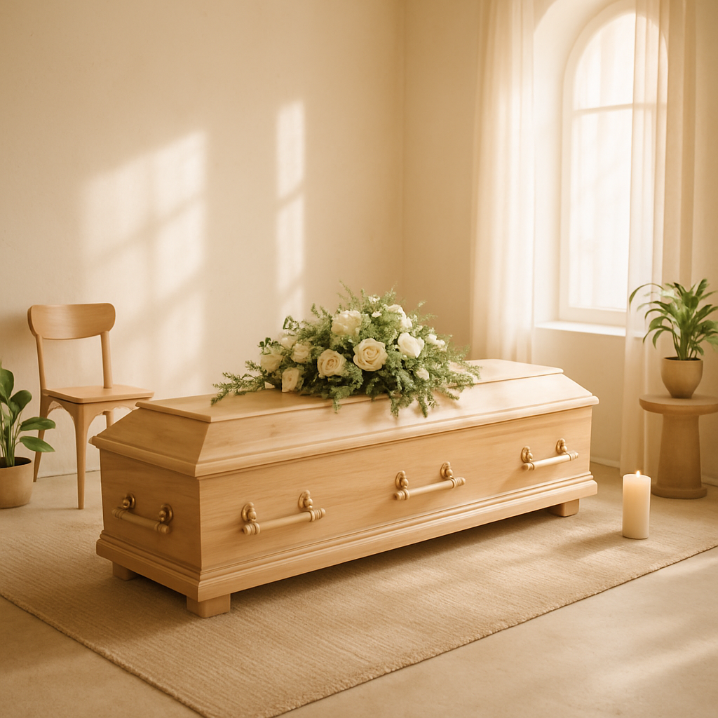 Casket bathed in warm, natural light with minimal, peaceful surroundings
