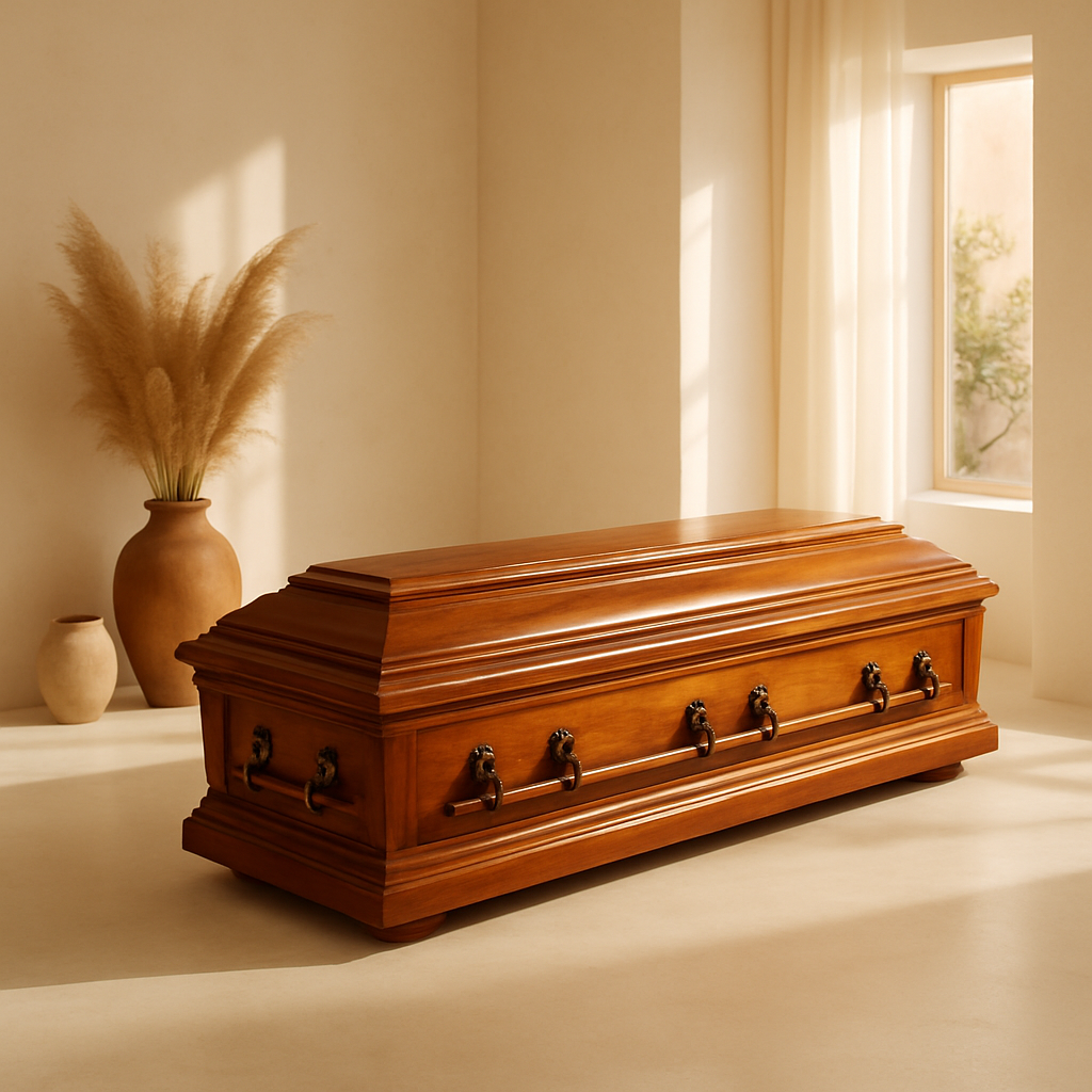 Warm wood casket in sunlit, minimalist gallery setting
