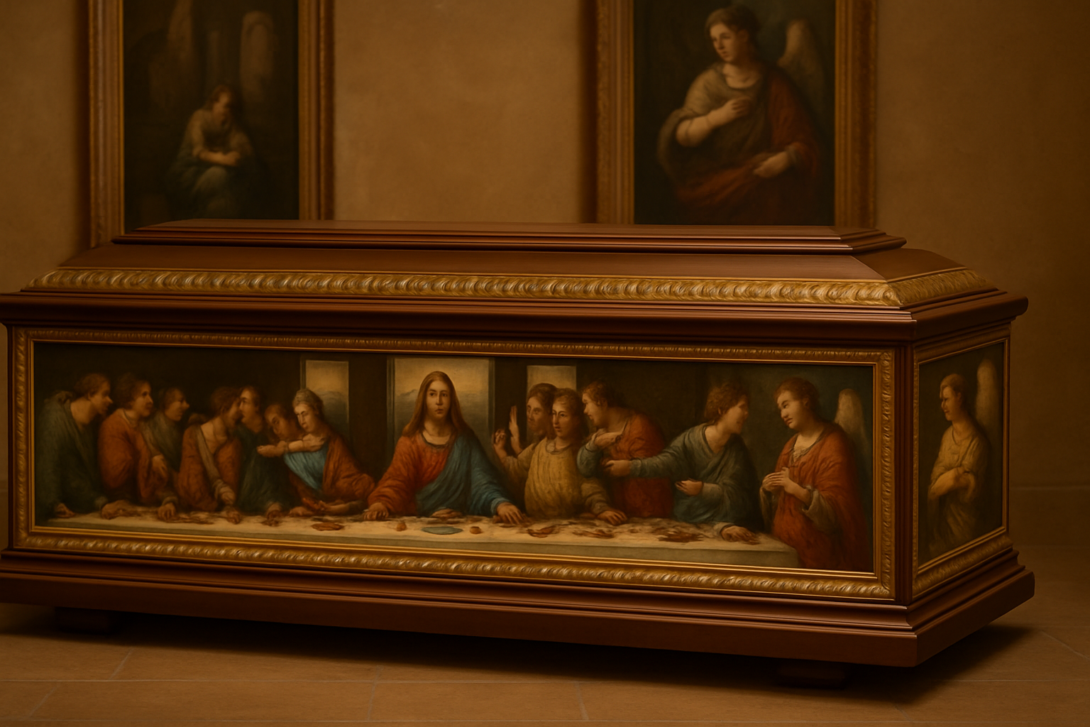 文艺复兴壁画 / The Renaissance Fresco - 手绘宗教油画风格，如天使或最后的晚餐，金色框架，意大利经典艺术馆氛围。主体比例为202:70:40，完整展示。