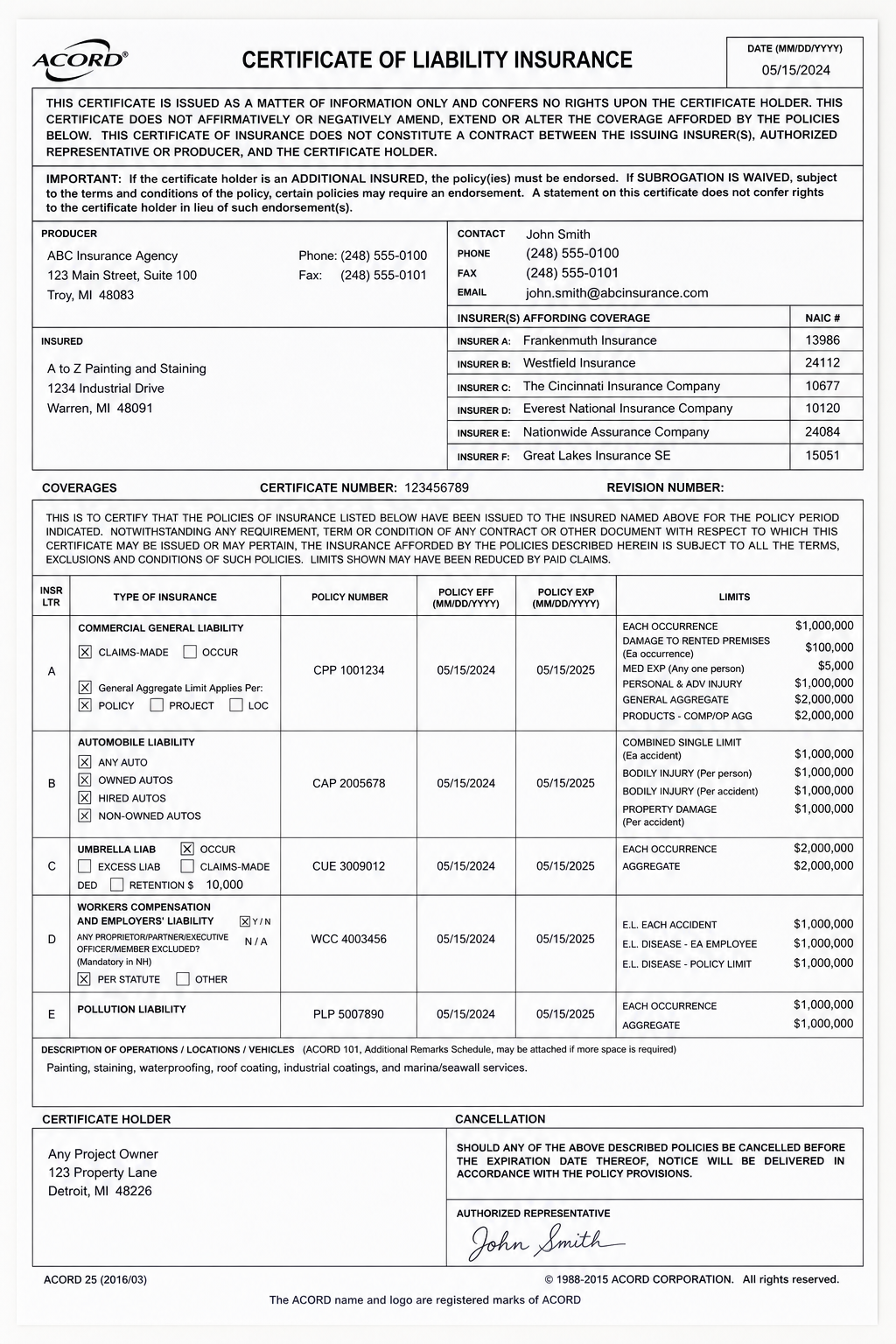 Enlarged image-style view of a one-page Certificate of Liability Insurance with legible policy and coverage sections