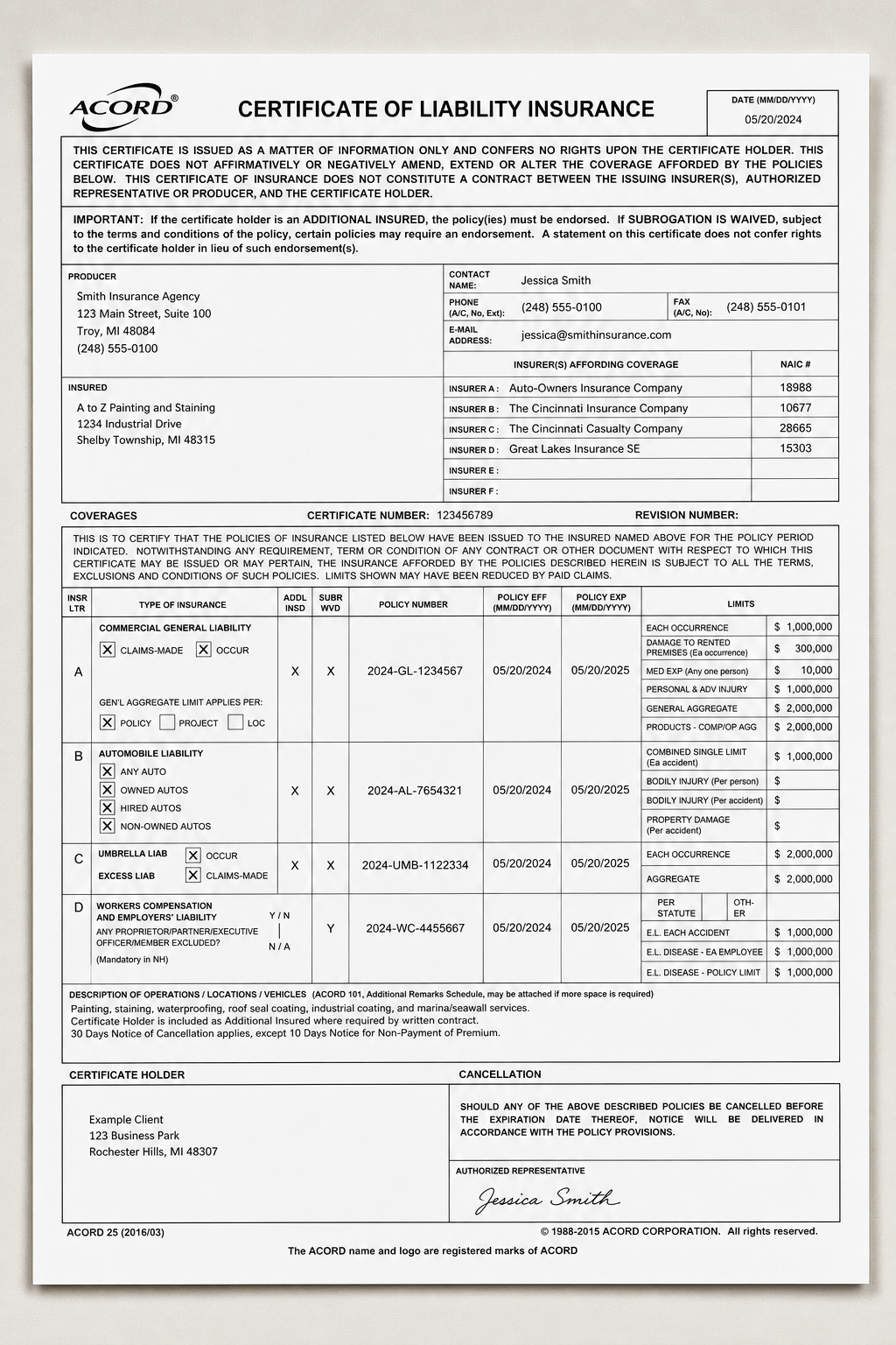 Preview image of a one-page Certificate of Liability Insurance document with header, insured details, policy dates, and coverage table