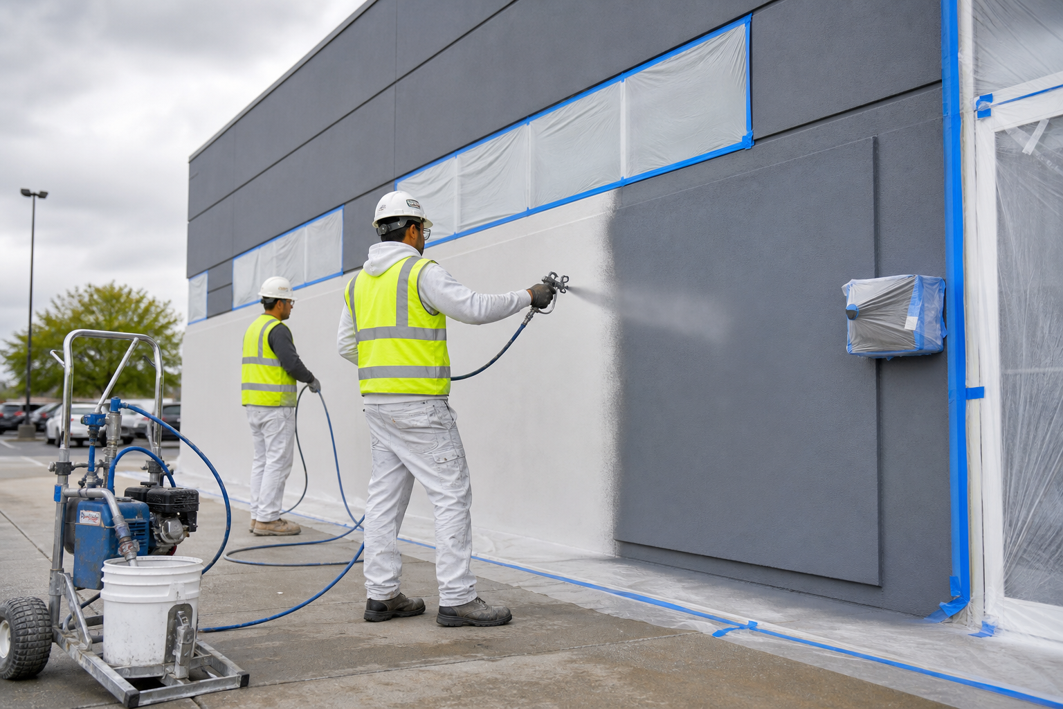 Professional coating crew applying durable exterior protective coating on a commercial building surface with clean equipment and safety gear