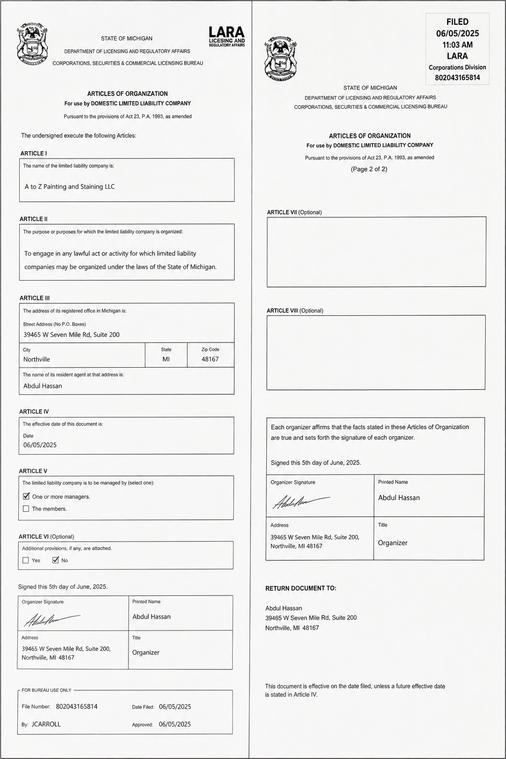 Enlarged image-style view of a scanned two-page Michigan Articles of Organization filing with official form sections, filing date markings, and signature fields