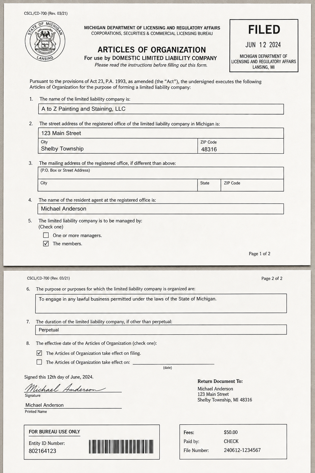 Preview image of a scanned two-page Michigan Articles of Organization filing for a domestic LLC with state form formatting, typed fields, and filing marks