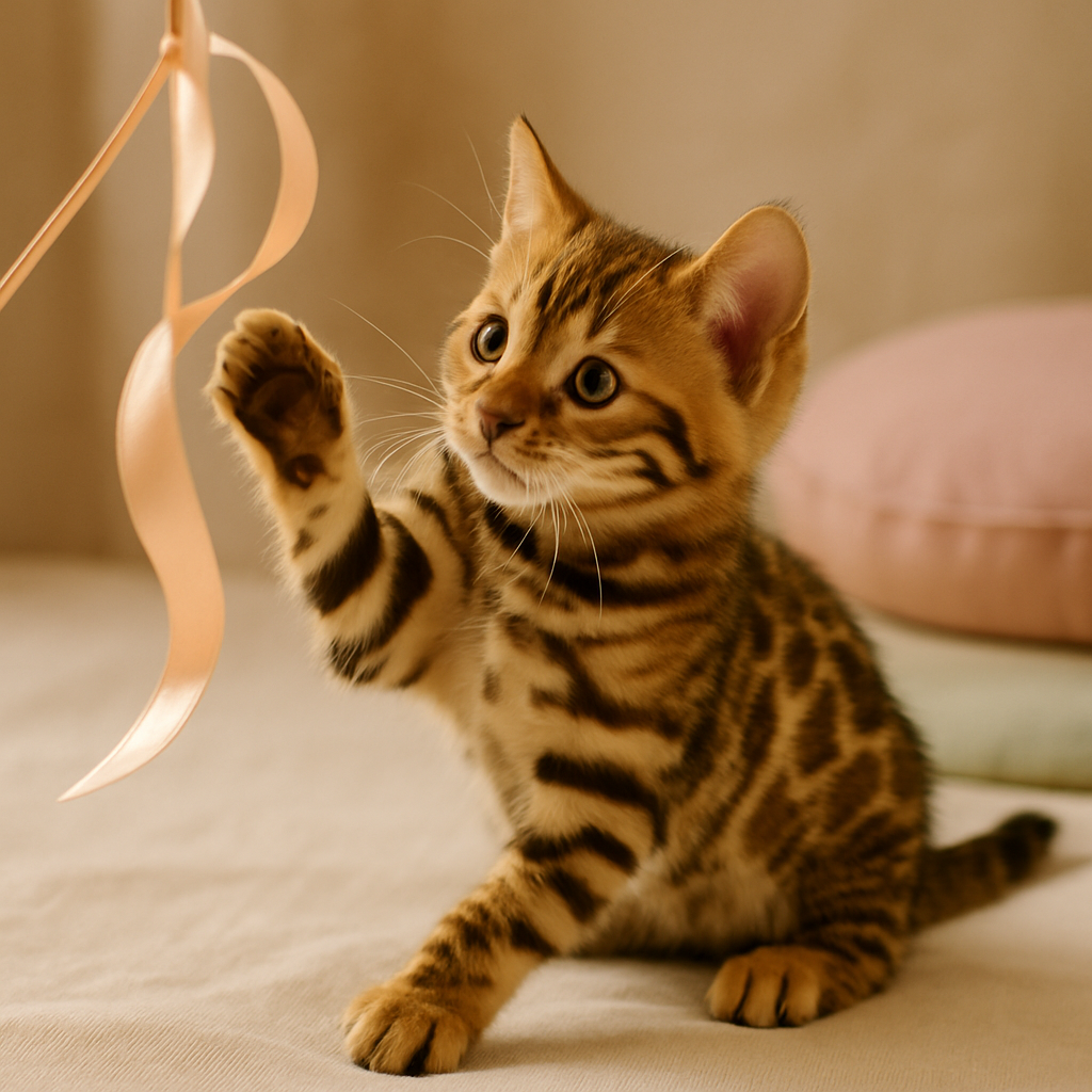 Golden bengal kitten with bold rosette spots playing with a soft ribbon wand