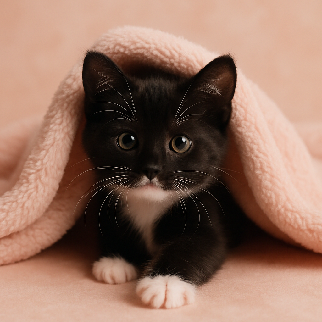 Small black tuxedo kitten with white paws peeking through a blush pink blanket