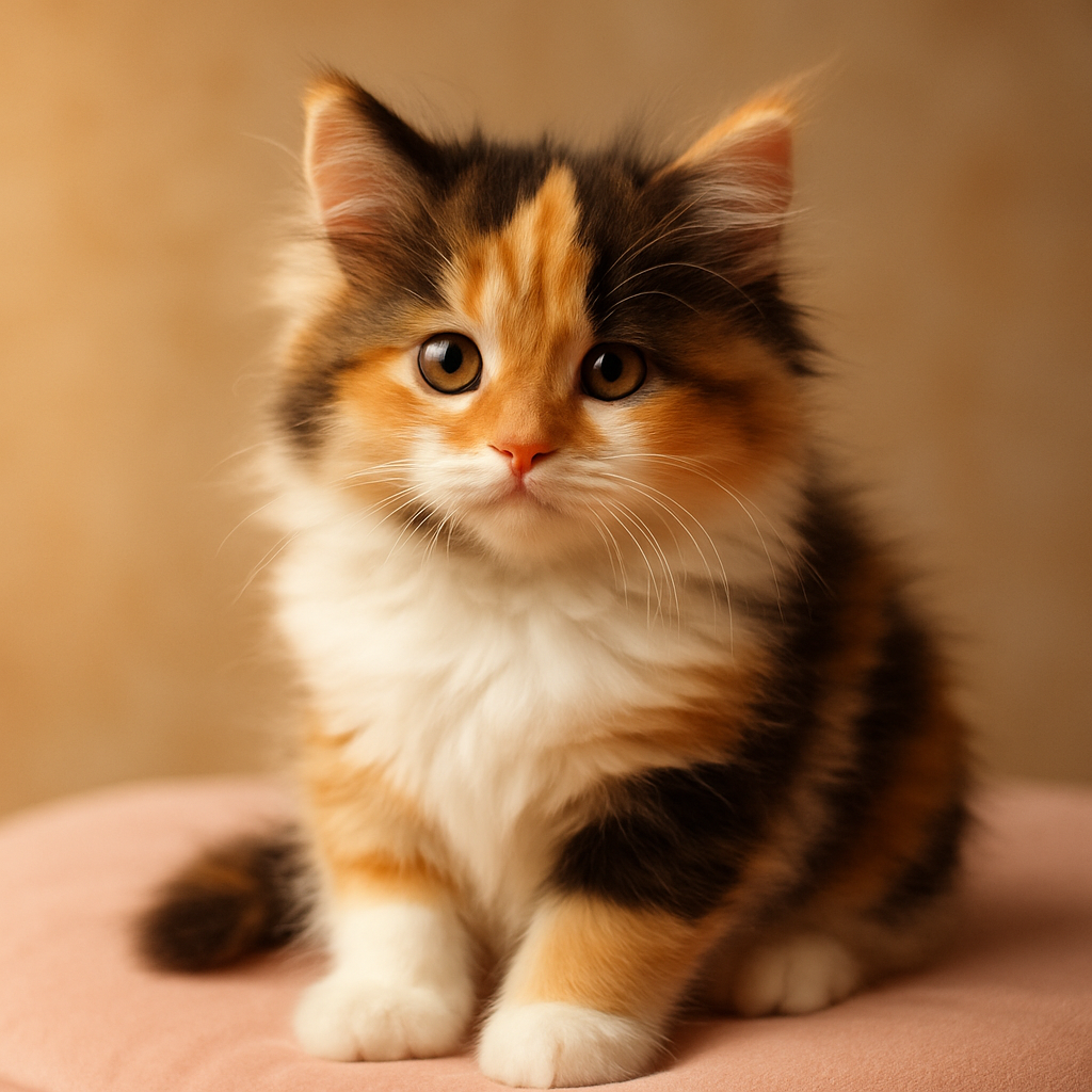 Fluffy calico kitten with orange, black, and white patches posing on a pastel cushion
