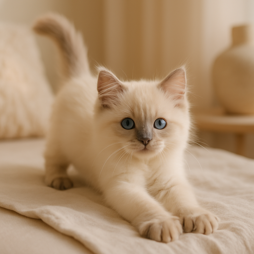 Cream ragdoll kitten with soft blue eyes stretching on a pale linen throw