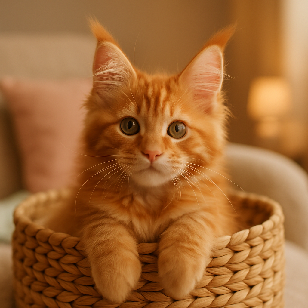 Ginger Maine Coon kitten with tufted ears gazing from a woven basket