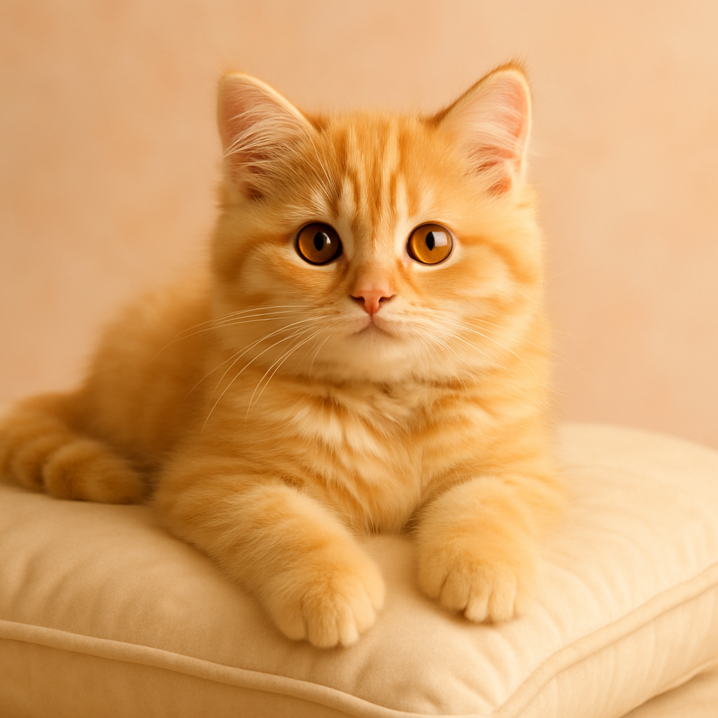 Fluffy golden tabby kitten with bright amber eyes lounging on a cream velvet cushion