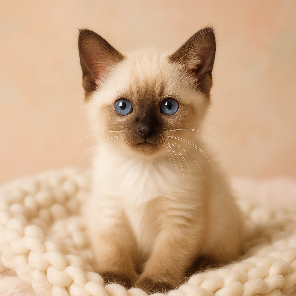 Cream Siamese kitten with dark chocolate points sitting on a pearl knit blanket