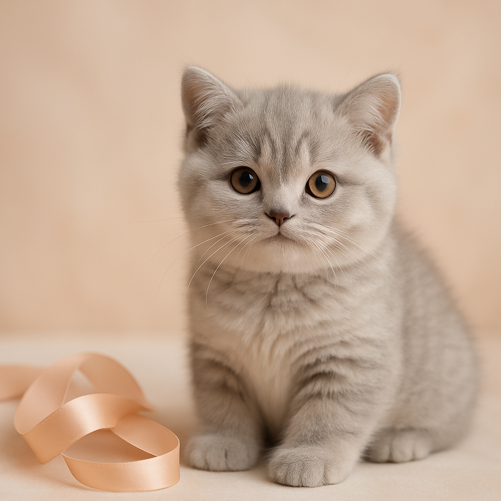 Round-faced silver British shorthair kitten with plush fur sitting beside a satin ribbon