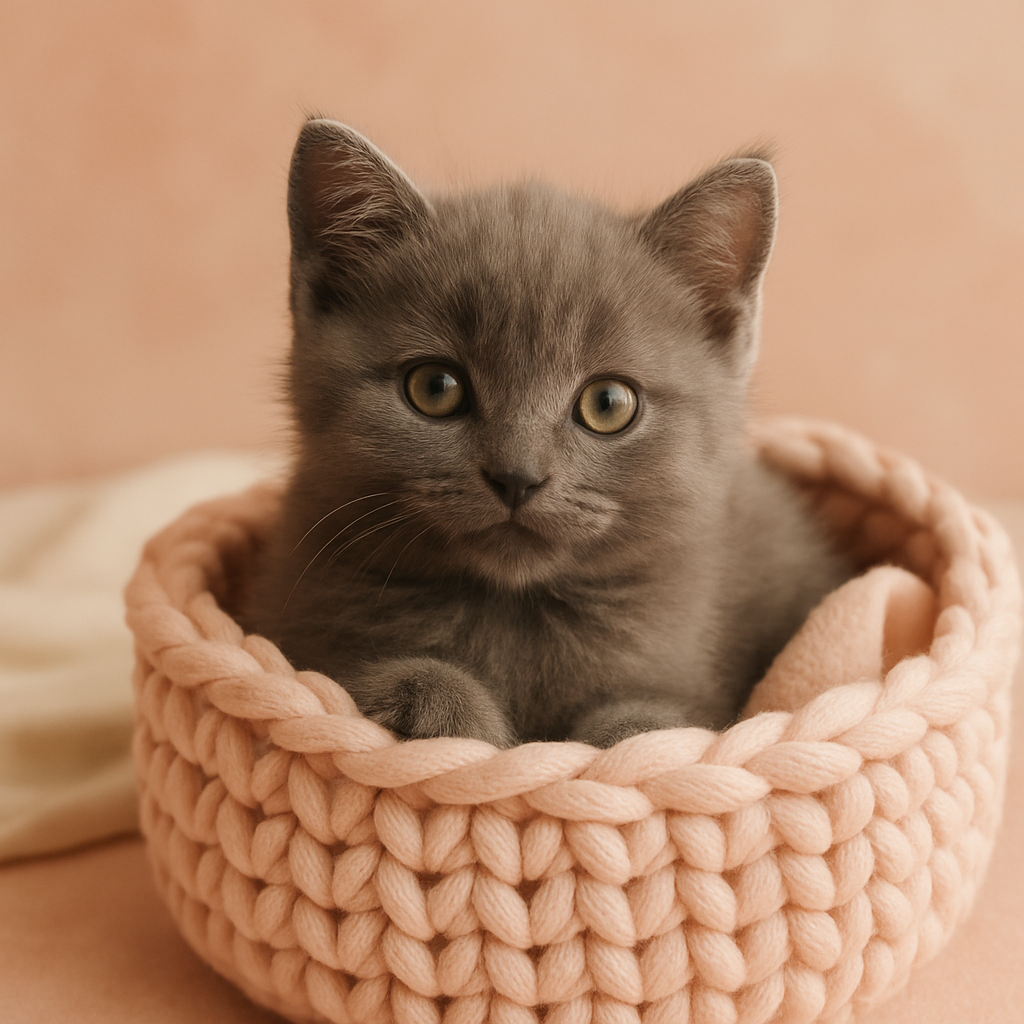 Smoky gray kitten with pale green eyes nestled in a soft blush basket