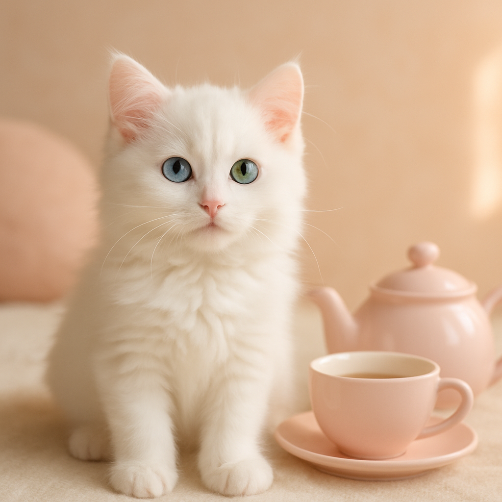 Elegant white kitten with one blue eye and one green eye sitting beside a pastel tea set