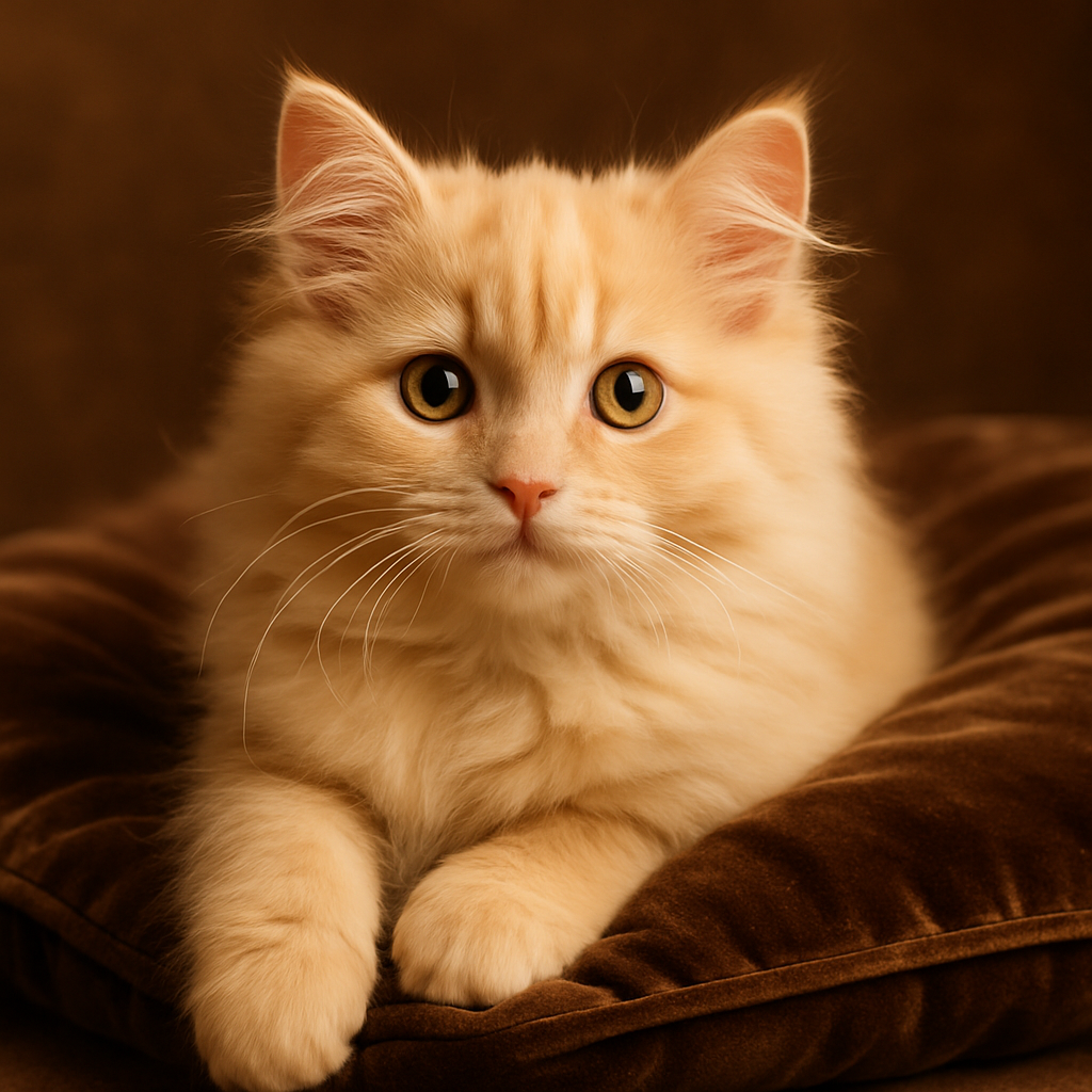 Charming long-haired cream kitten with bright eyes resting on a plush velvet cushion in soft studio light