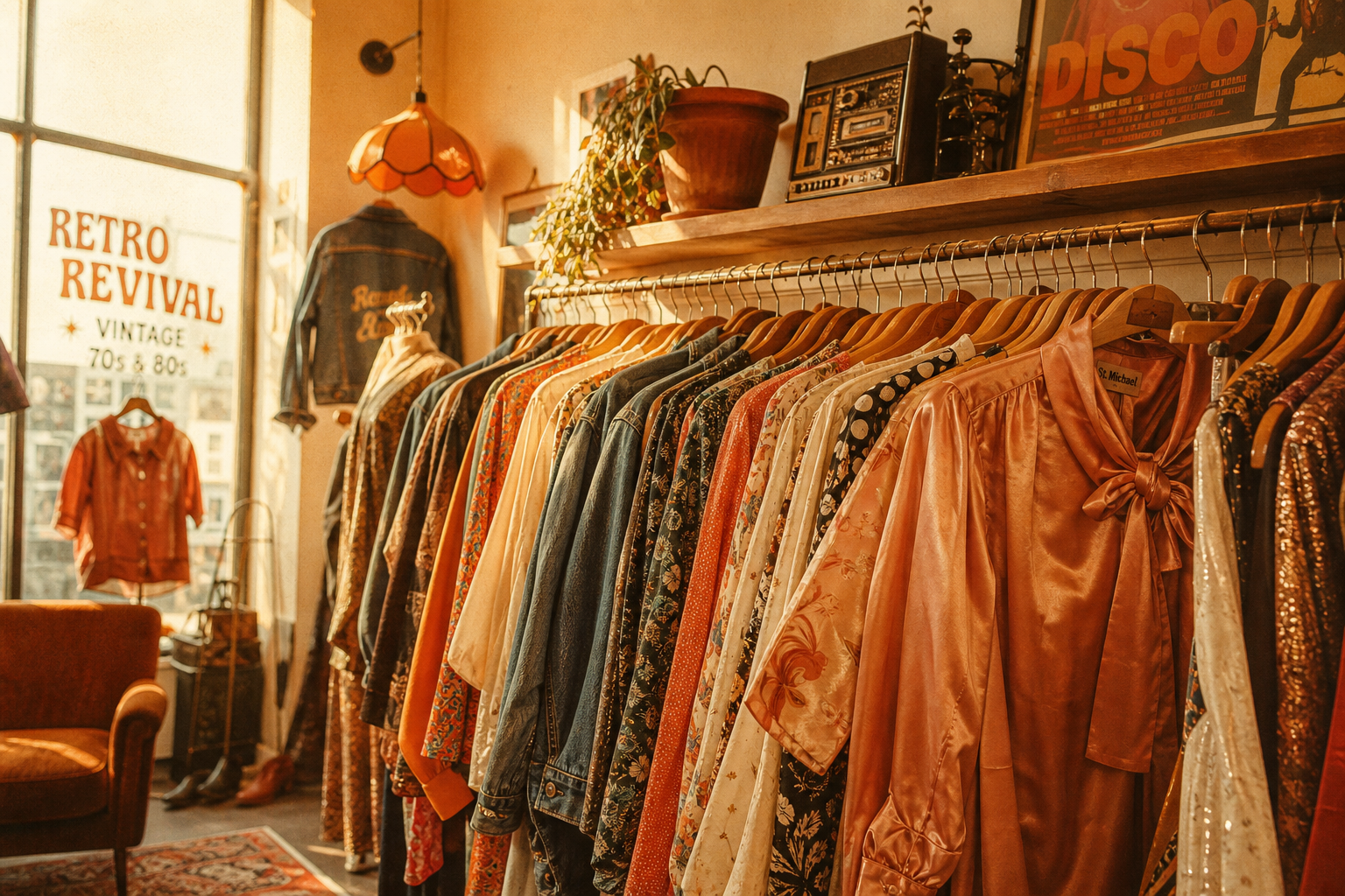 Warm editorial photo of a vintage clothing rack filled with 70s and 80s garments
