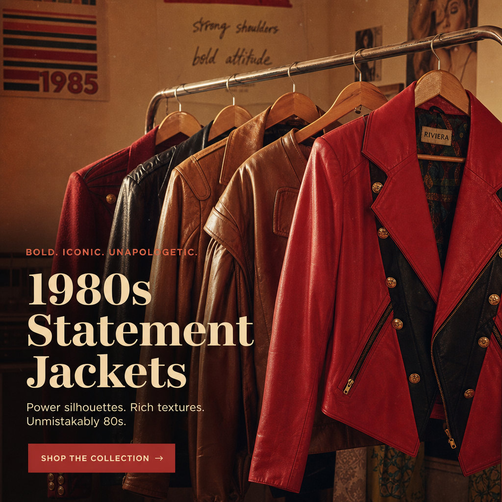 collection of bold 1980s statement jackets in red, tan, and black leather