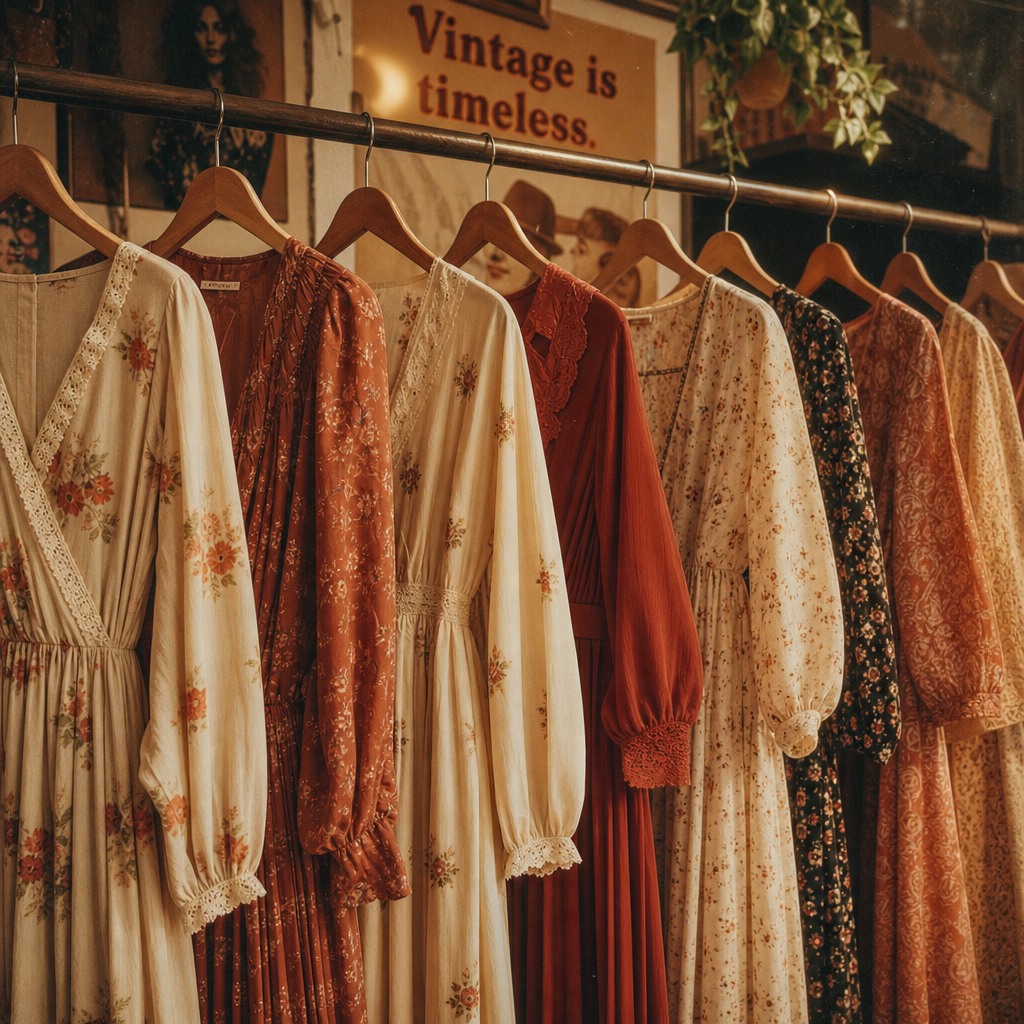 row of vintage retro dresses in warm cream, rust, and floral prints on hangers