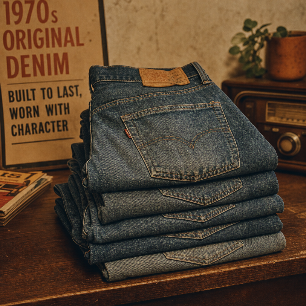 stack of faded indigo 1970s denim jeans with vintage stitching